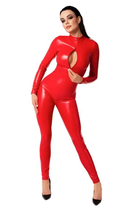 Tuta aderente rossa in tessuto wetlook con zip