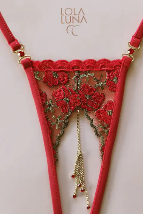 Lola Luna: Perizoma aperto Melissa gioiello in rosso con ricamo floreale