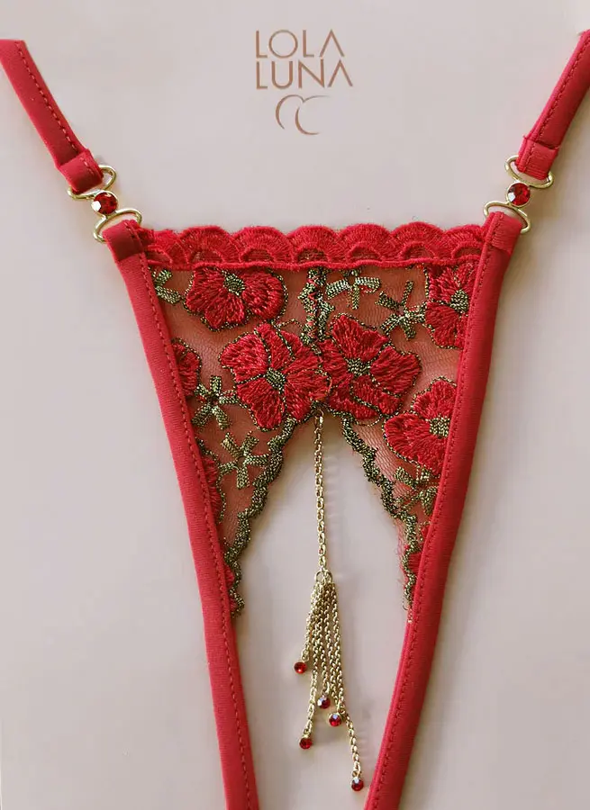 Lola Luna: Perizoma aperto Melissa gioiello in rosso con ricamo floreale