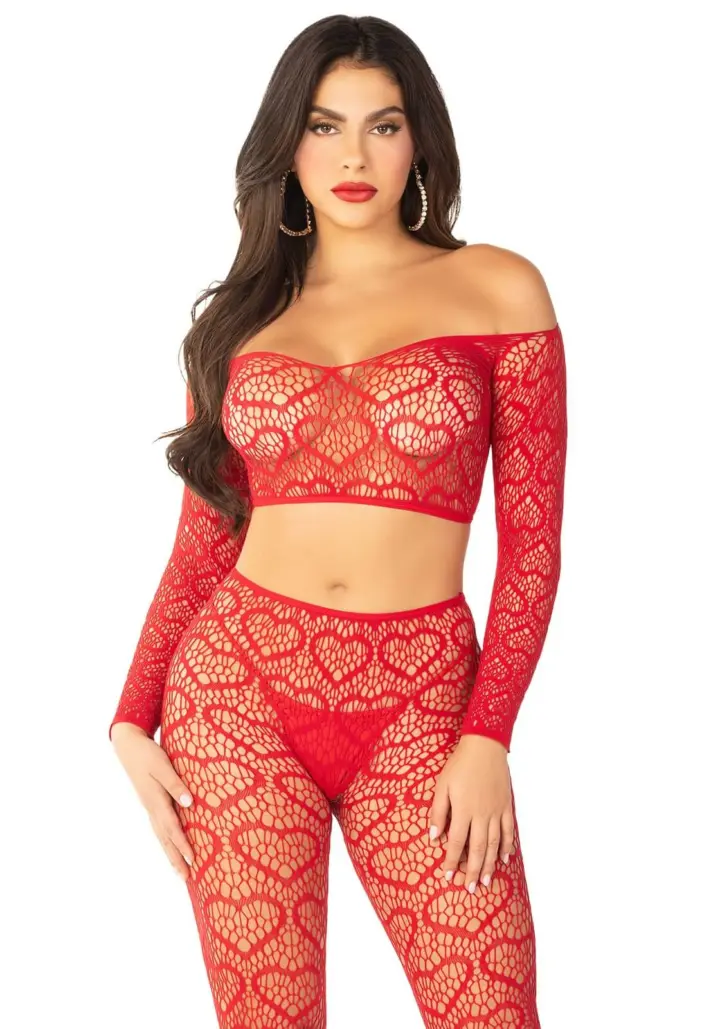 Leg Avenue: Crop top e collant senza piede Wild Hearts Rosso