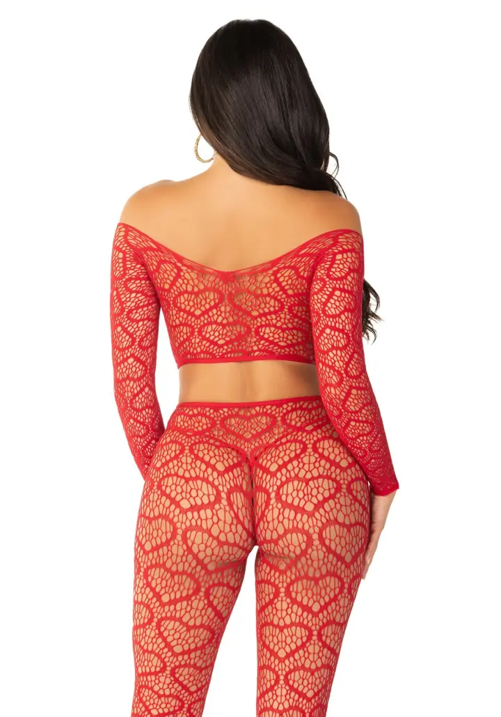 Leg Avenue: Crop top e collant senza piede Wild Hearts Rosso – foto 4