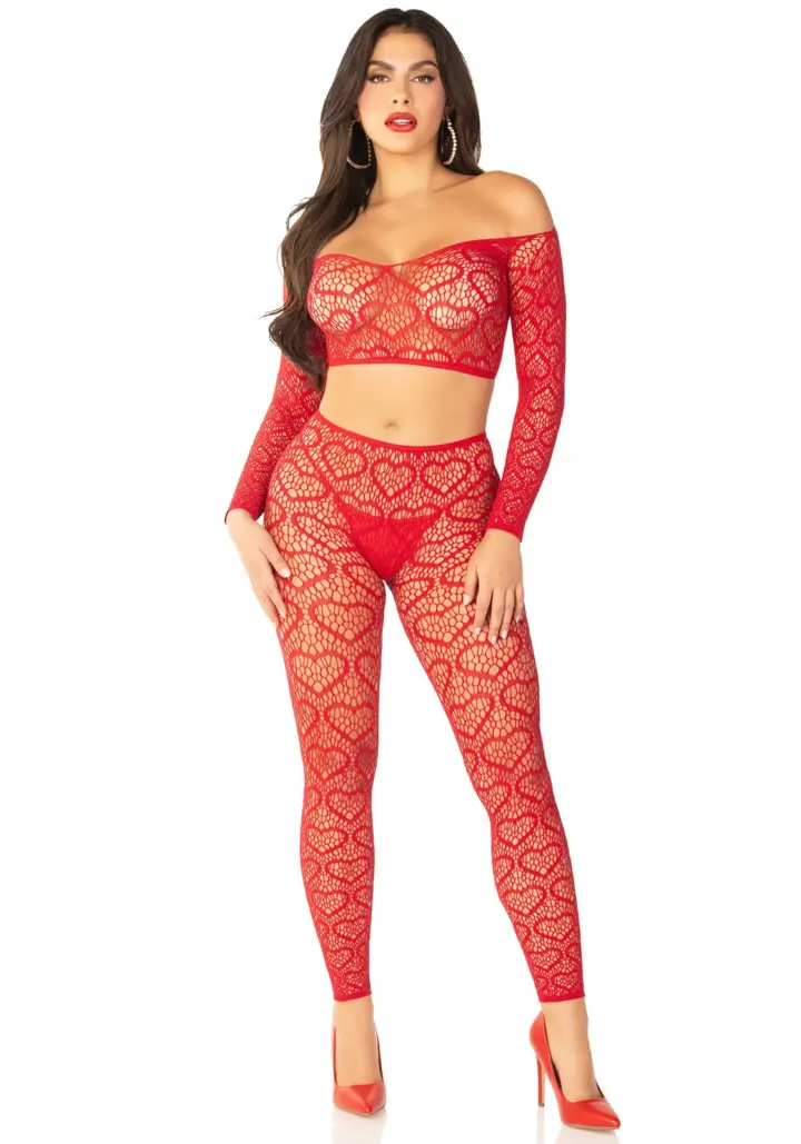 Leg Avenue: Crop top e collant senza piede Wild Hearts Rosso – foto 3