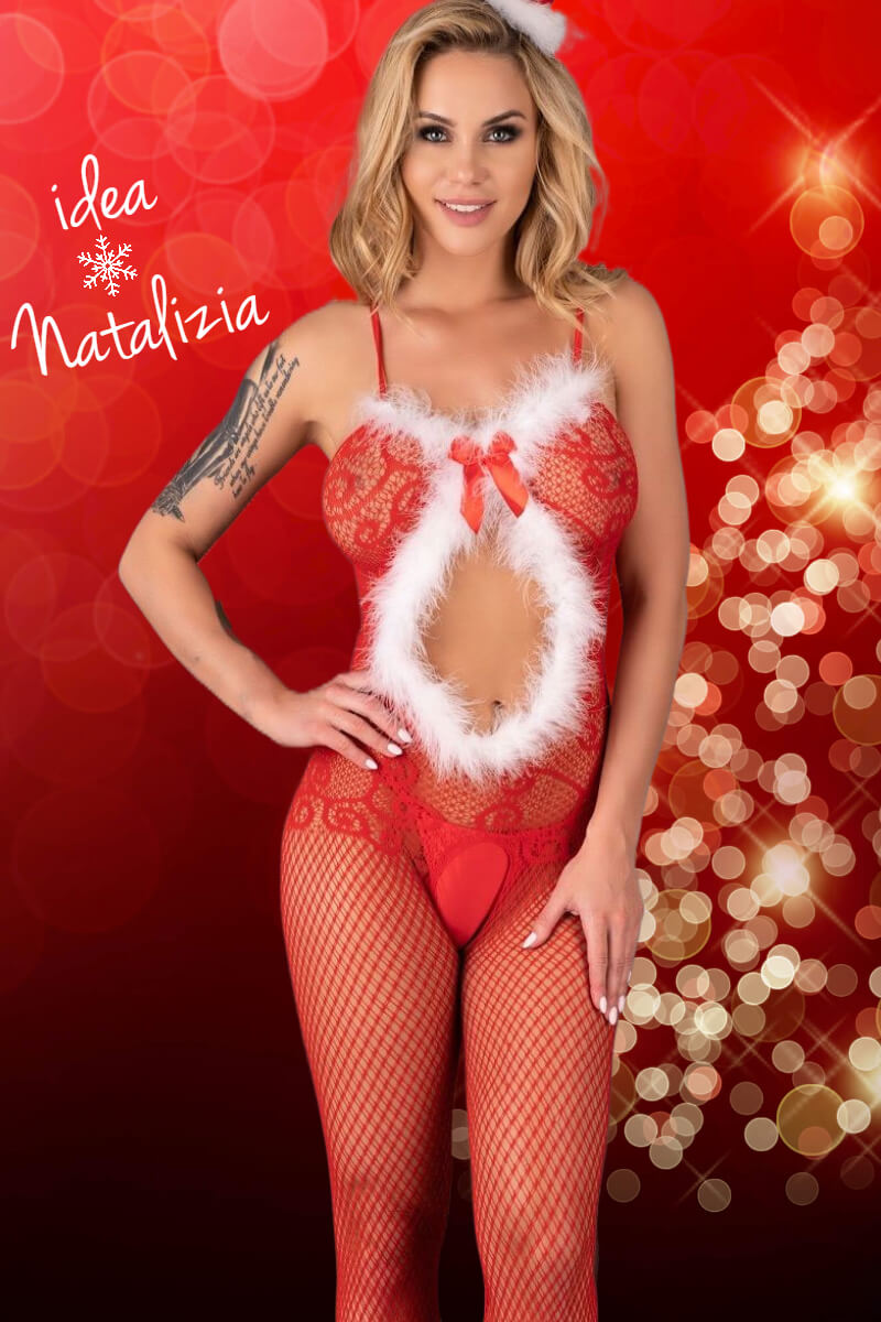 Lingerie torino|Bodystocking Natalizia Magali con apertura e piume Idea Regalo