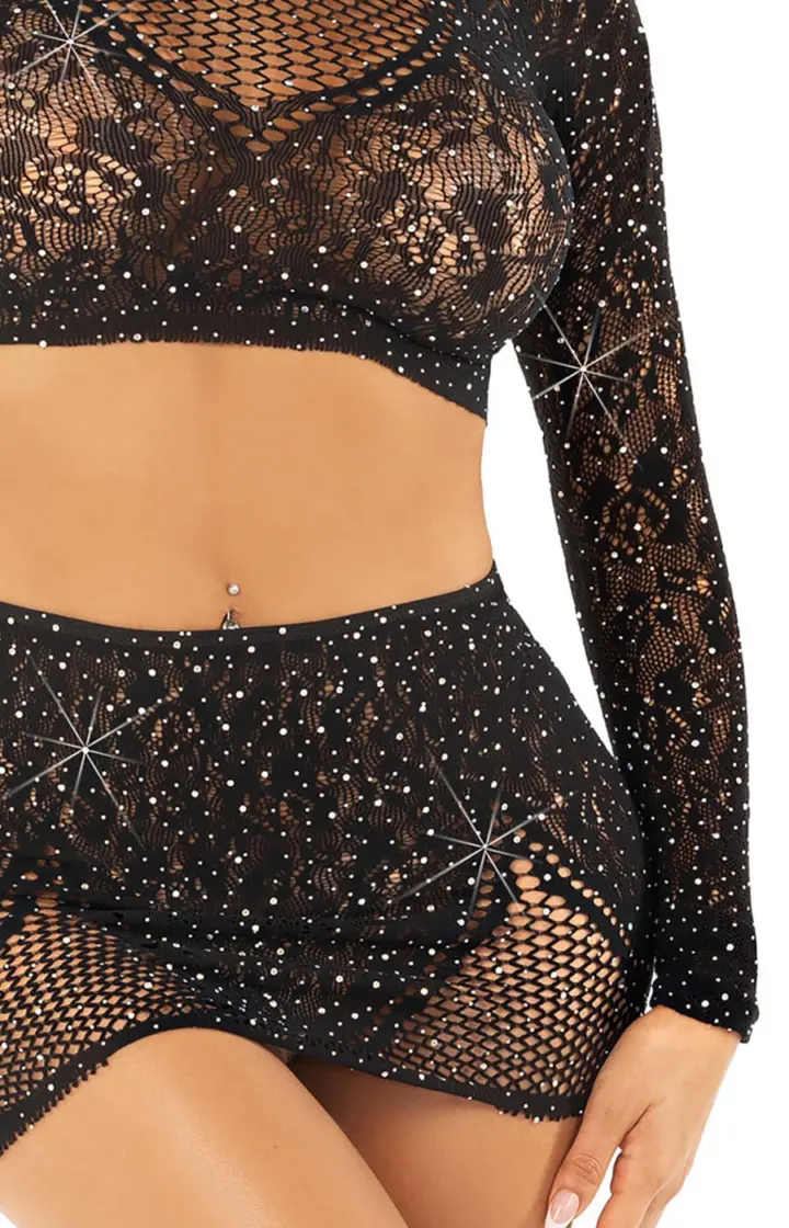 Crop Top e mini gonna con strass in nero o rosso – foto 5