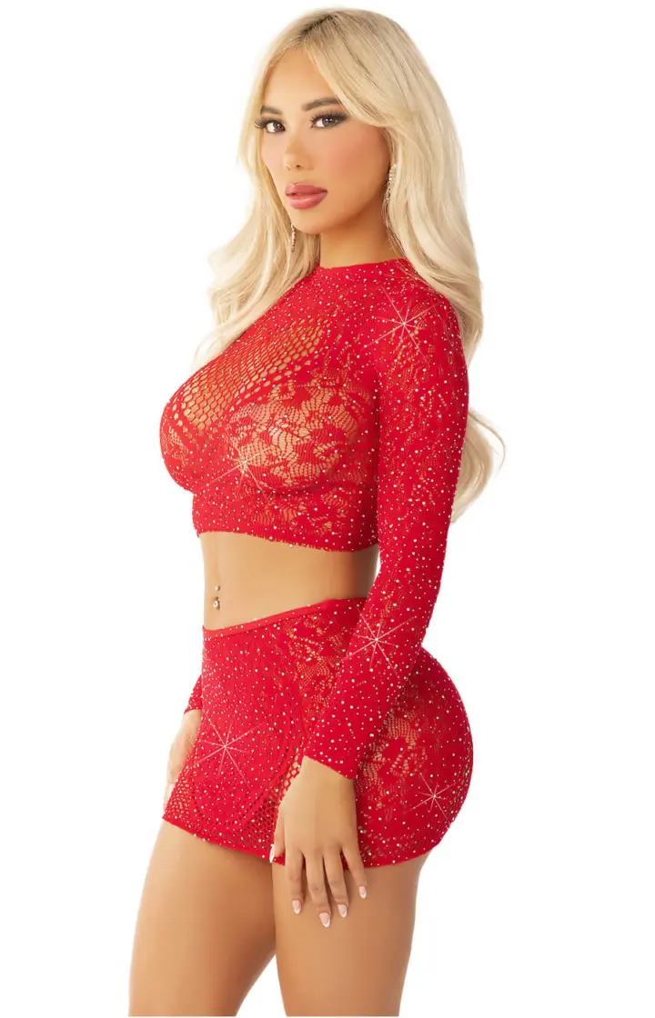 Crop Top e mini gonna con strass in nero o rosso – foto 7