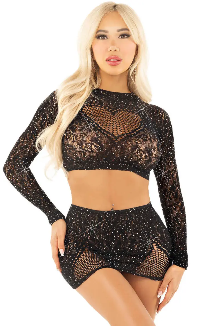 Crop Top e mini gonna con strass in nero o rosso