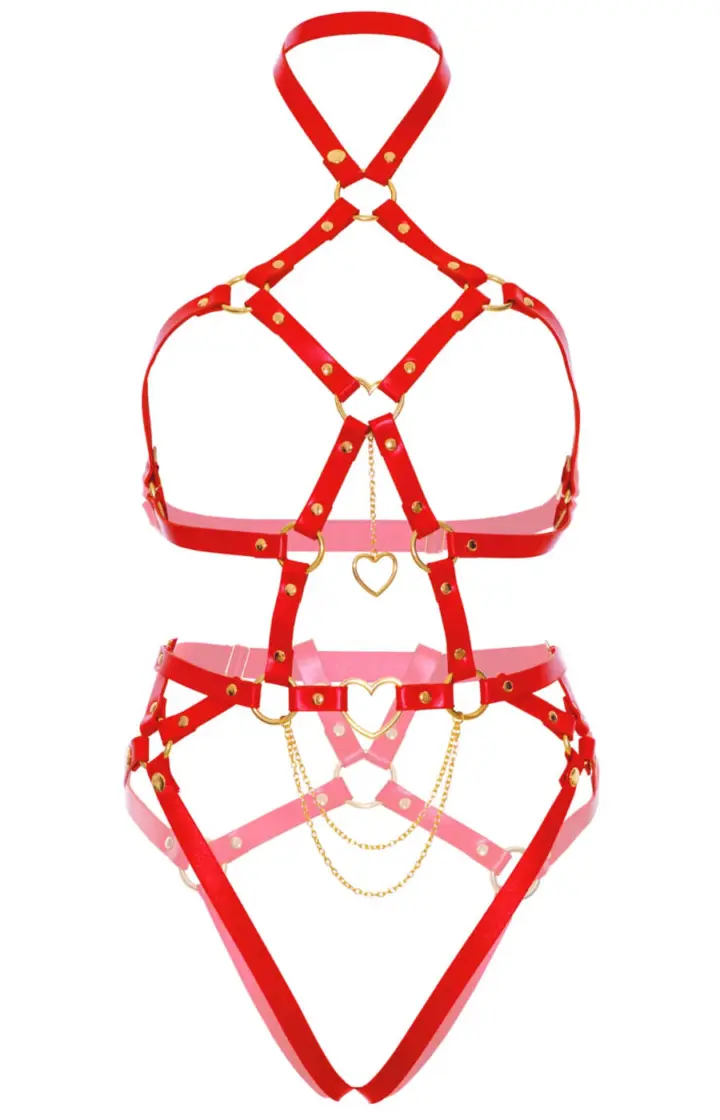 Kink Lingerie: Harness body rosso con anelli a cuore – foto 2