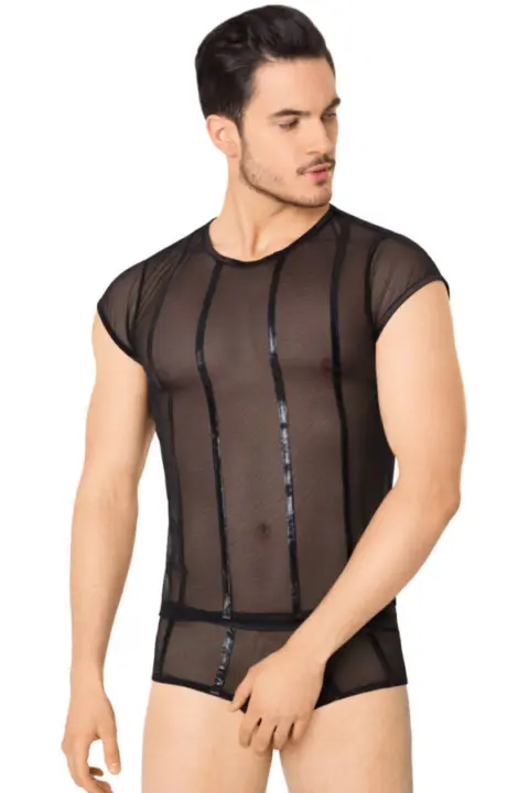 Set t-shirt e boxer in microrete con righe wetlook