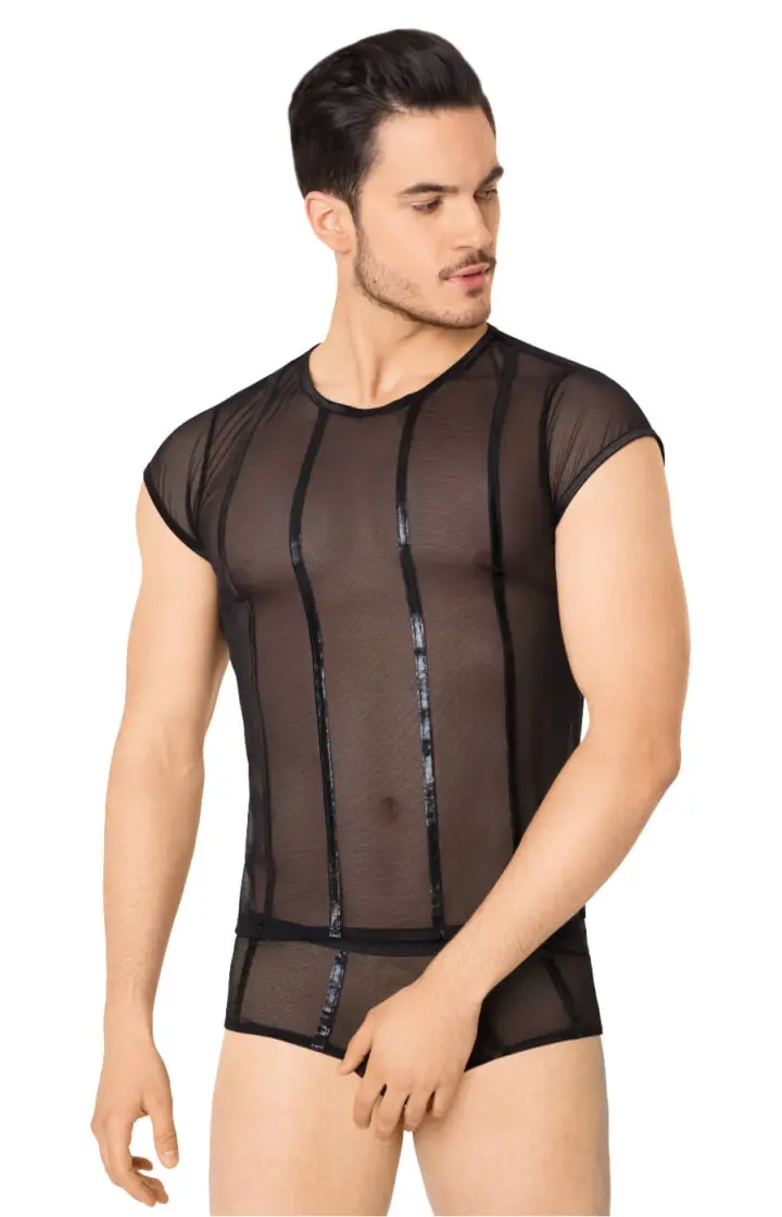 Set t-shirt e boxer in microrete con righe wetlook