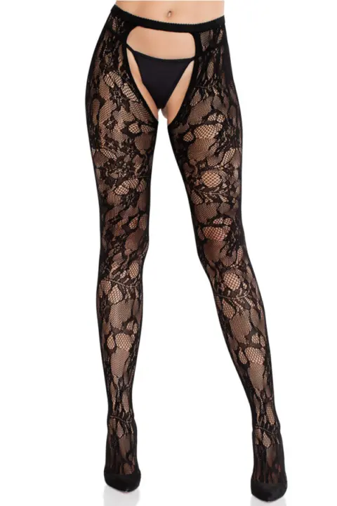 Leg Avenue: collant tutto aperto in pizzo nero dal motivo floreale