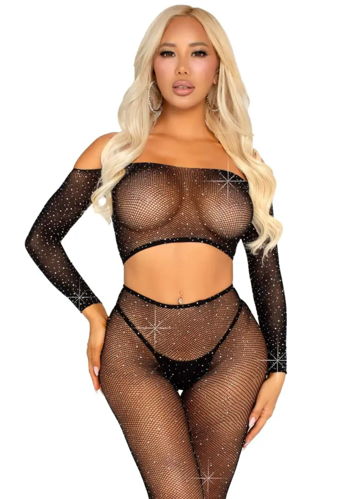Leg Avenue: crop top a maniche lunghe e collant in rete con strass