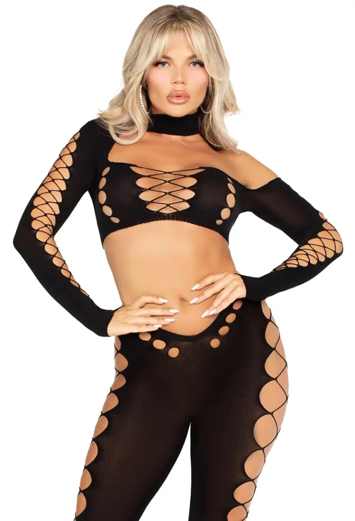 Leg Avenue: crop top e leggings con inserti a rete larga