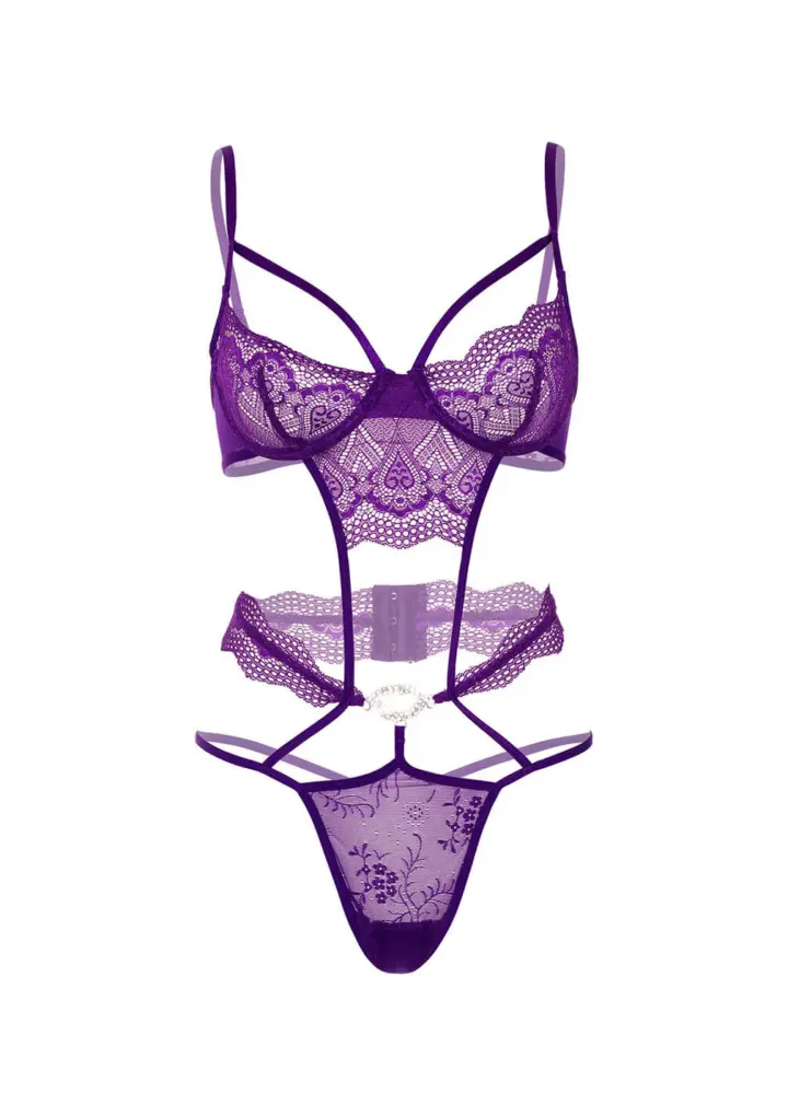 Heart Lace Teddy con Gioiello – Body in pizzo viola – foto 3