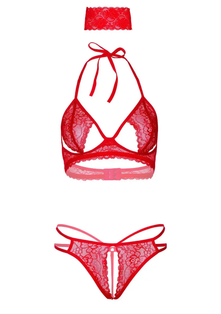 Set 3 Pezzi Rosso con Reggiseno Aperto, Perizoma Aperto e Mascherina – foto 3