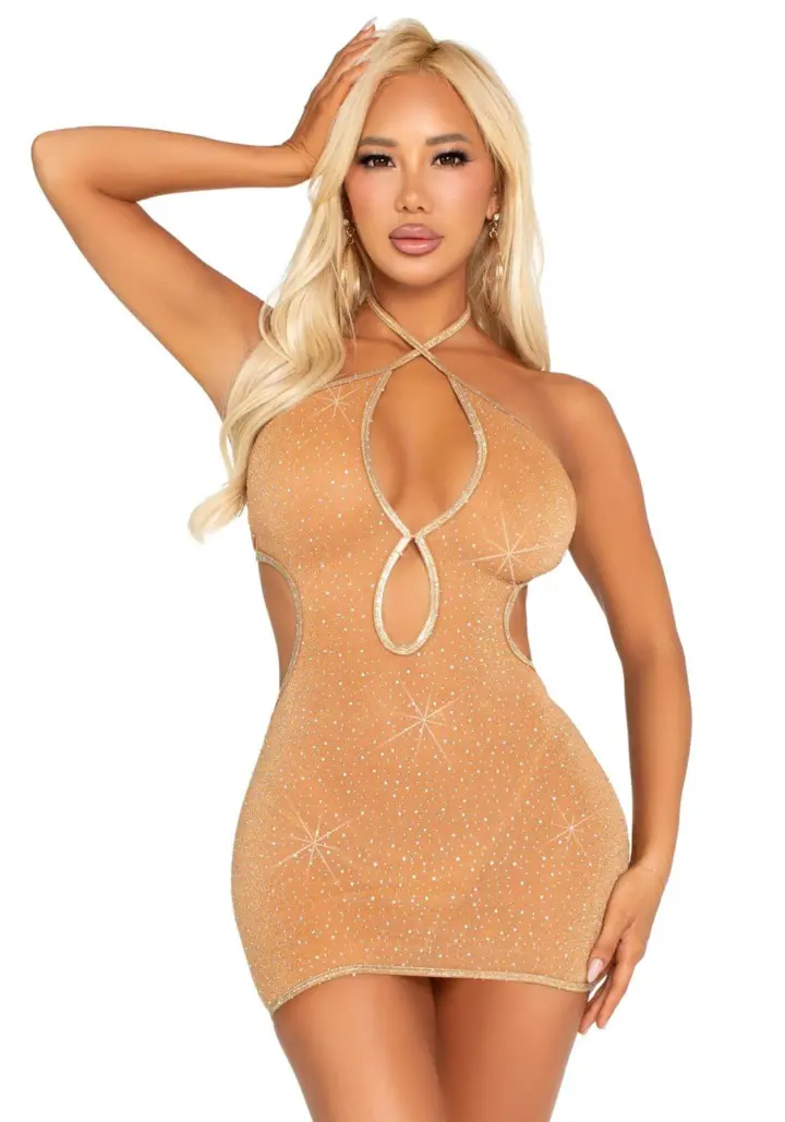 Leg Avenue: Abitino scollato in tre colori con strass applicati a mano