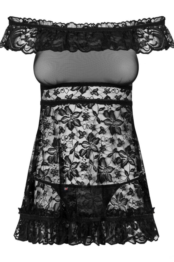 Babydoll nero in pizzo Obsessive Flores con perizoma incluso