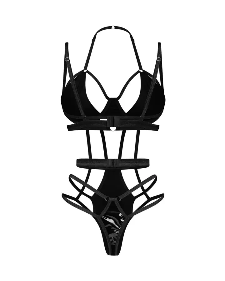 Body nero wet look con dettagli cut-out – Obsessive Keira Lise – foto 4