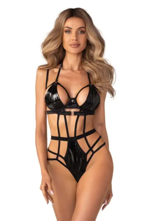 Body nero wet look con dettagli cut-out – Obsessive Keira Lise