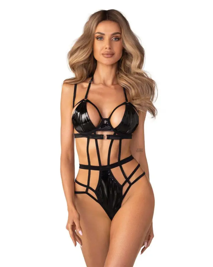 Body nero wet look con dettagli cut-out – Obsessive Keira Lise