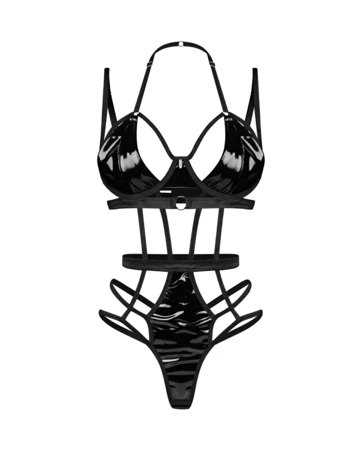 Body nero wet look con dettagli cut-out – Obsessive Keira Lise – foto 2