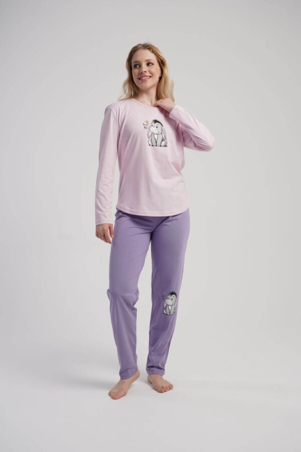Pigiama donna rosa con pantalone lavanda in cotone – Stampa asinello