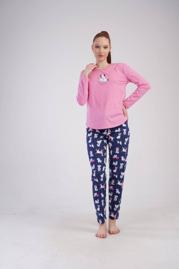 Pigiama donna in cotone rosa e blu con cagnolini By Vienetta