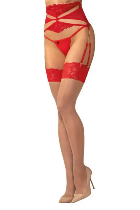 Calze nude con pizzo rosso floreale – Obsessive Matildea