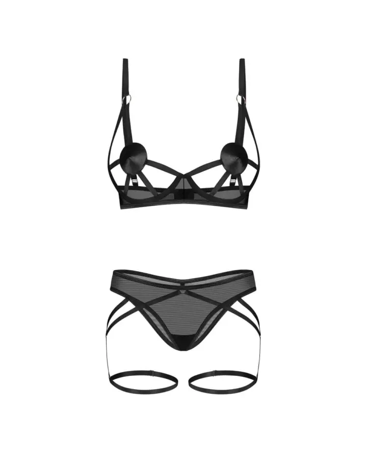 Set nero con reggiseno aperto e dettagli oro – Obsessive Euridia – foto 3