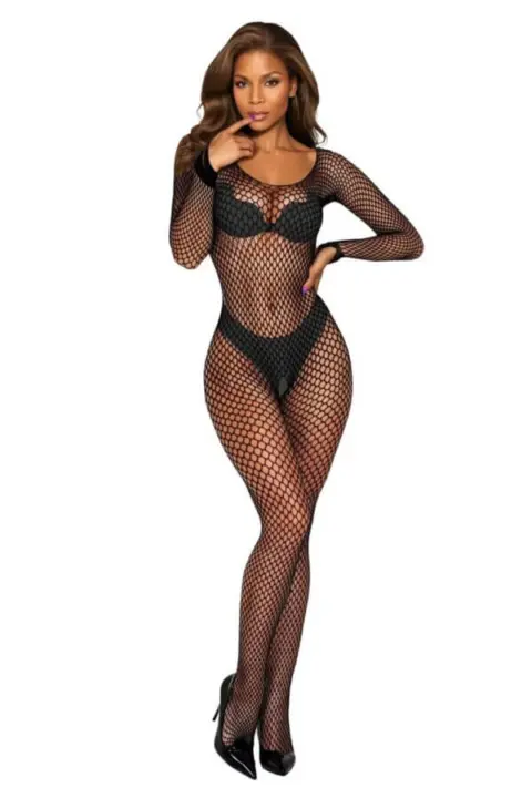 Bodystocking rete larga manica lunga in nero e pink – Softline