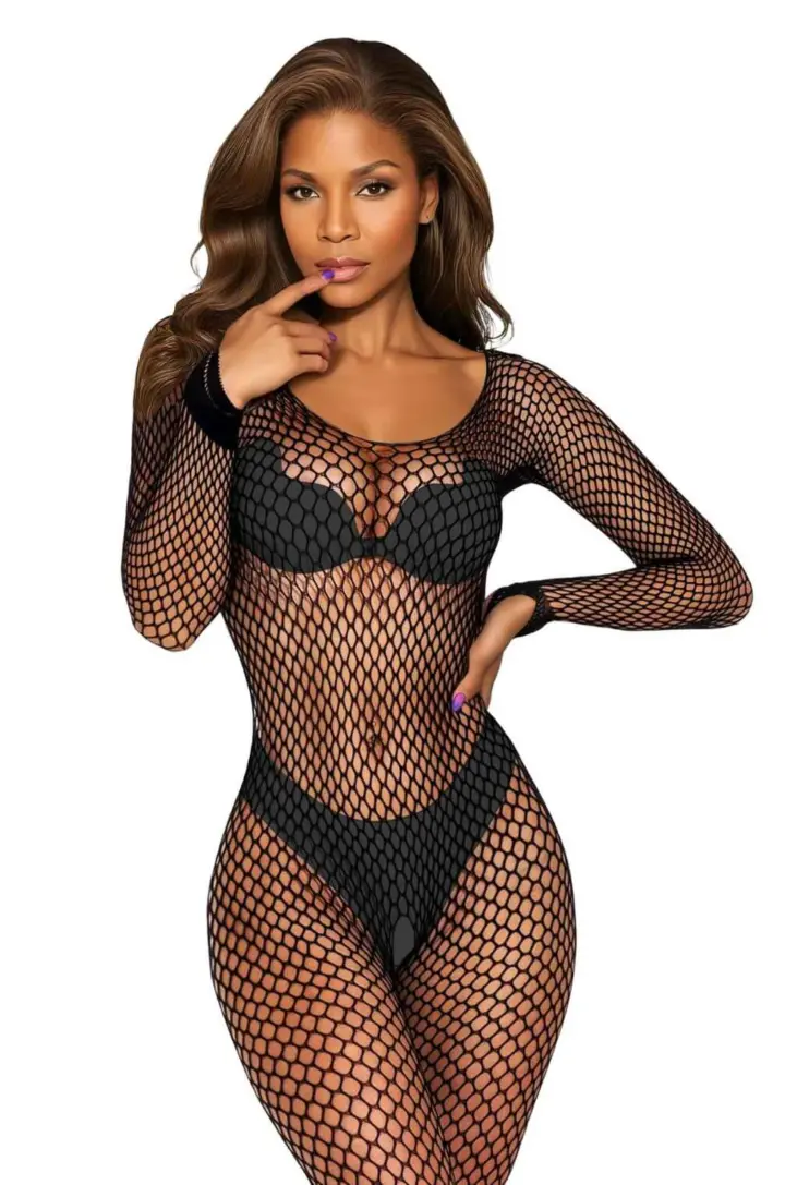 Bodystocking rete larga manica lunga in nero e pink – Softline – foto 5