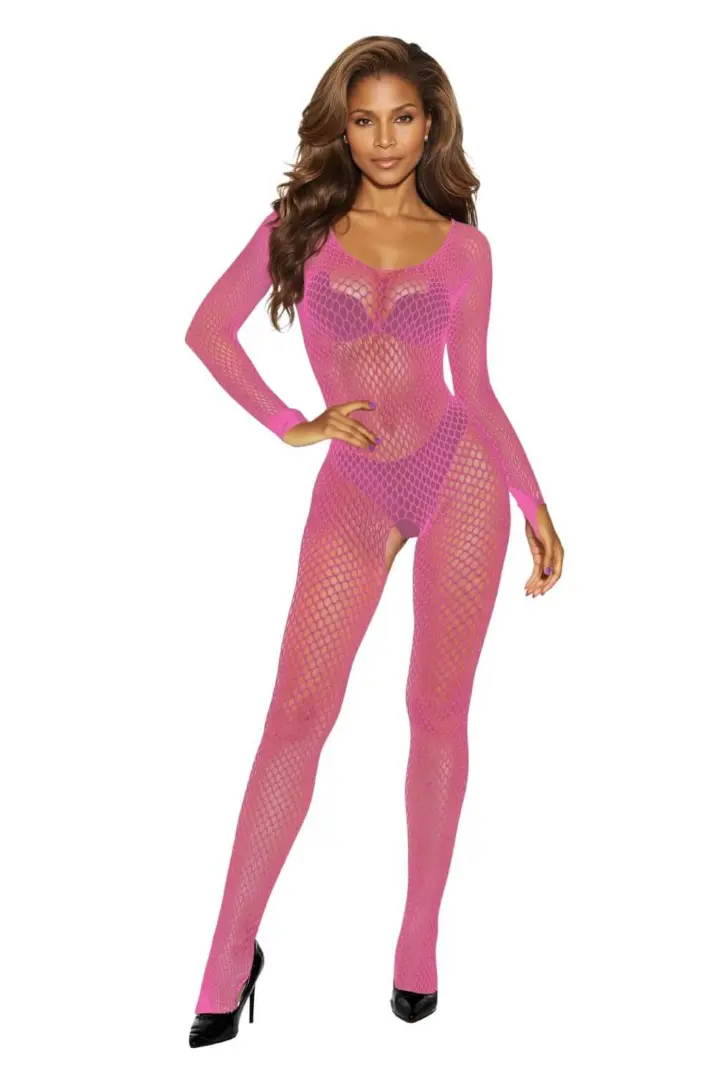 Bodystocking rete larga manica lunga in nero e pink – Softline – foto 3