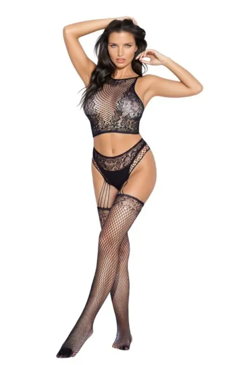 Bodystocking nera con top e calze effetto rete – Softline 2083