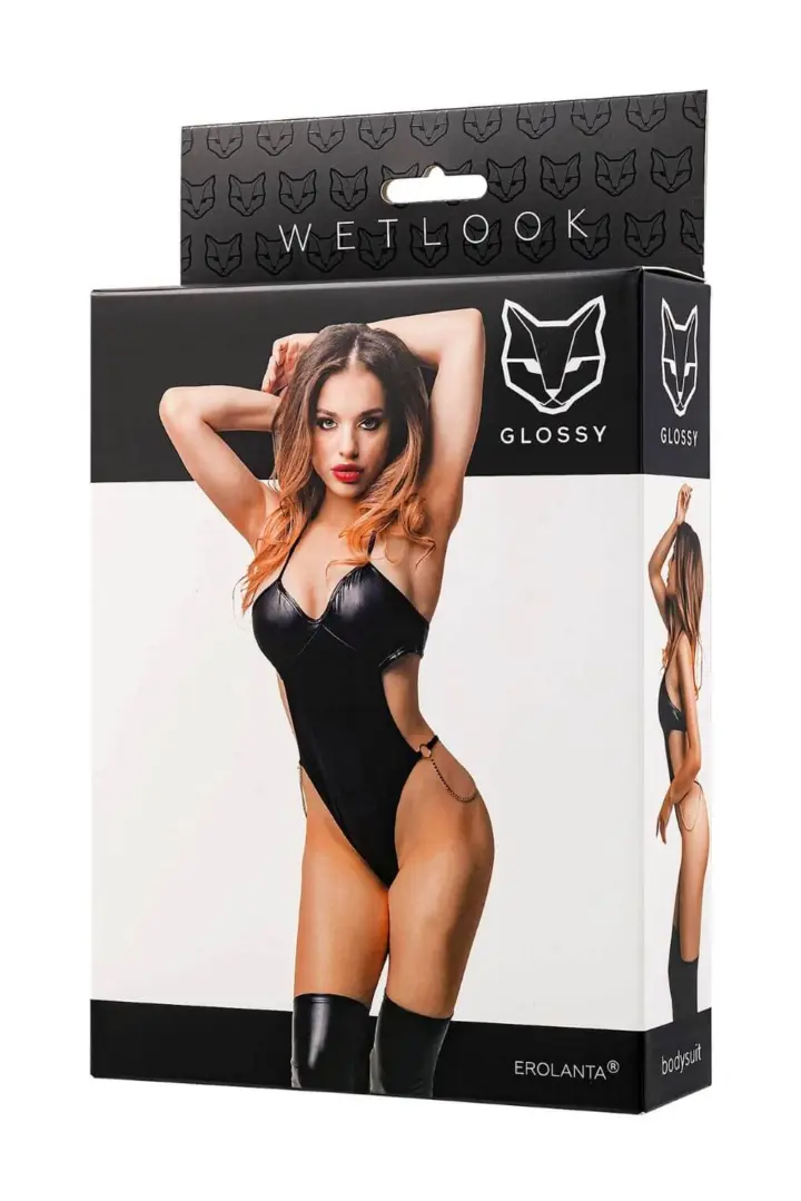 Body wetlook nero con catene laterali – Glossy Reina – foto 4