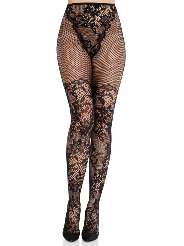 Collant neri in pizzo con motivo floreale Dahlia – Leg Avenue – foto 3