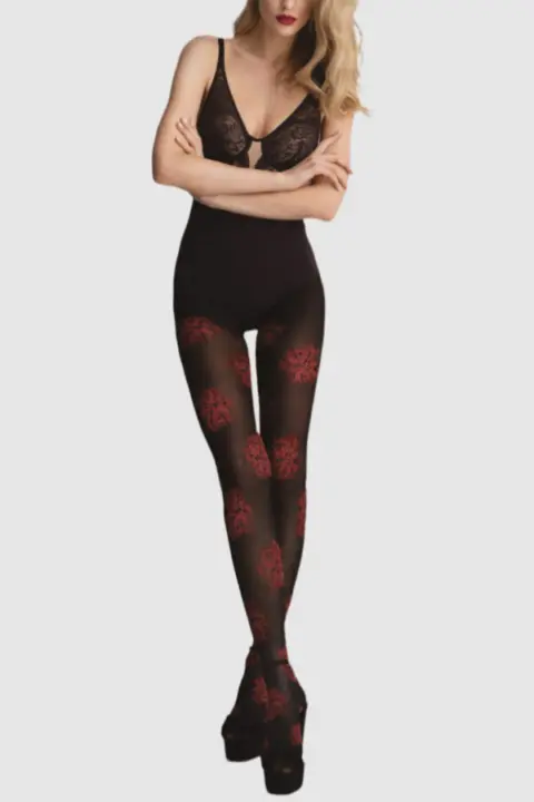 Collant neri con fiori rossi Roxanne – Fiore 40 den
