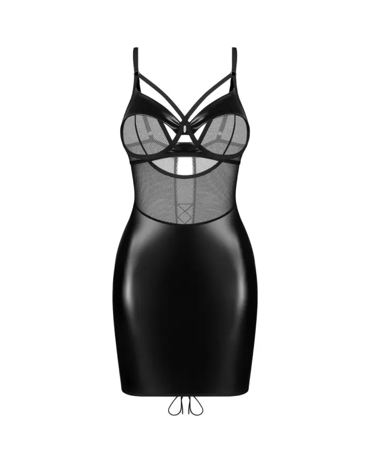 Chemise Dominna effetto pelle con mesh e perizoma – Obsessive – foto 4
