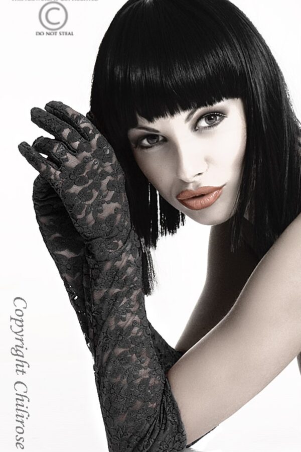 Chilirose: Guanti lunghi in pizzo nero ricamato