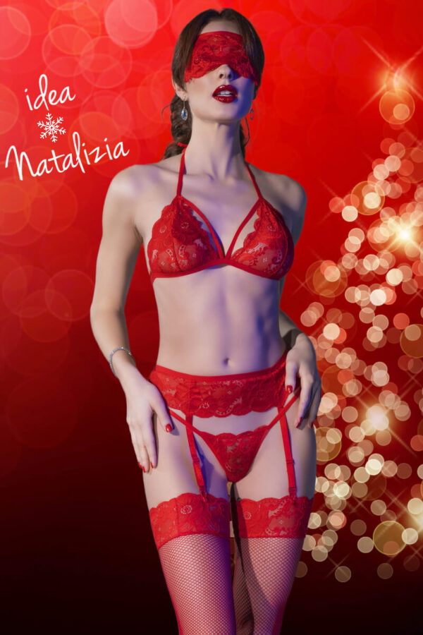 Chilirose: Completino in pizzo floreale rosso in 5 pezzi