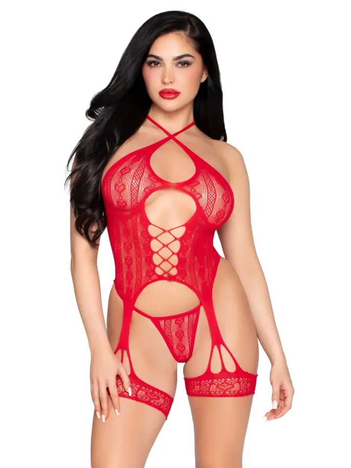Set a rete rosso con harness e perizoma a Y – Leg Avenue – foto 4