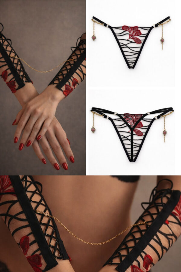 Sensuale set con perizoma con gioielli e manette/polsini