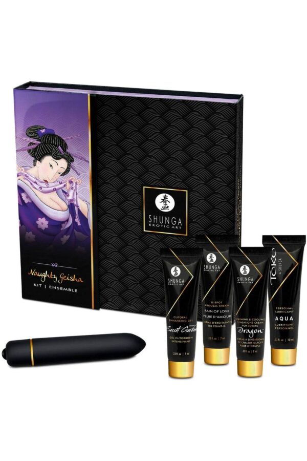 Cofanetto sensoriale con mini gel e massaggiatore Naughty Geisha