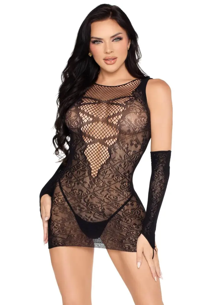 Mini abito in pizzo e rete con guanti coordinati – Leg Avenue – foto 3