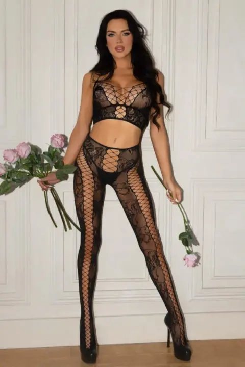 Set lingerie in pizzo e rete con top corto e leggings – Leg Avenue