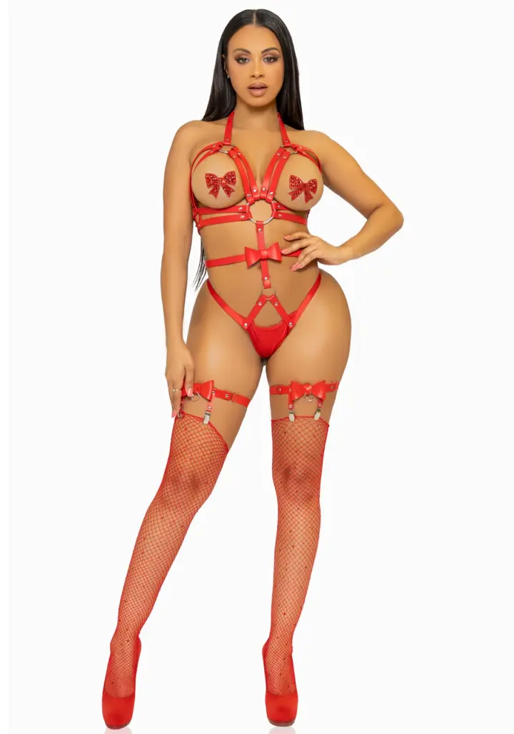 Kink Lingerie: sexy body harness rosso senza coppe – foto 7