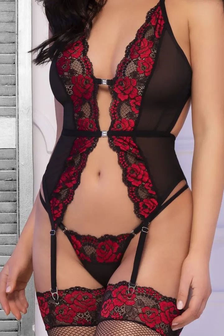Chilirose Lingerie: corsetto reggicalze in tulle e pizzo con rose rosse – foto 6