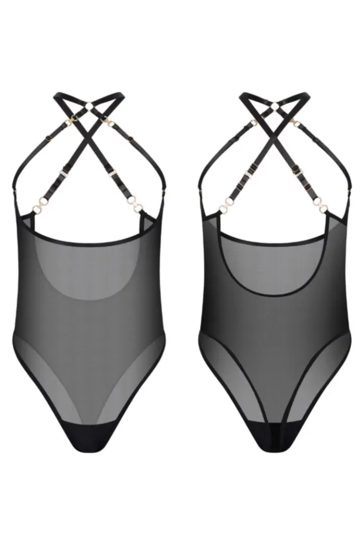 Body cupless nero in mesh con harness e dettagli dorati – foto 5