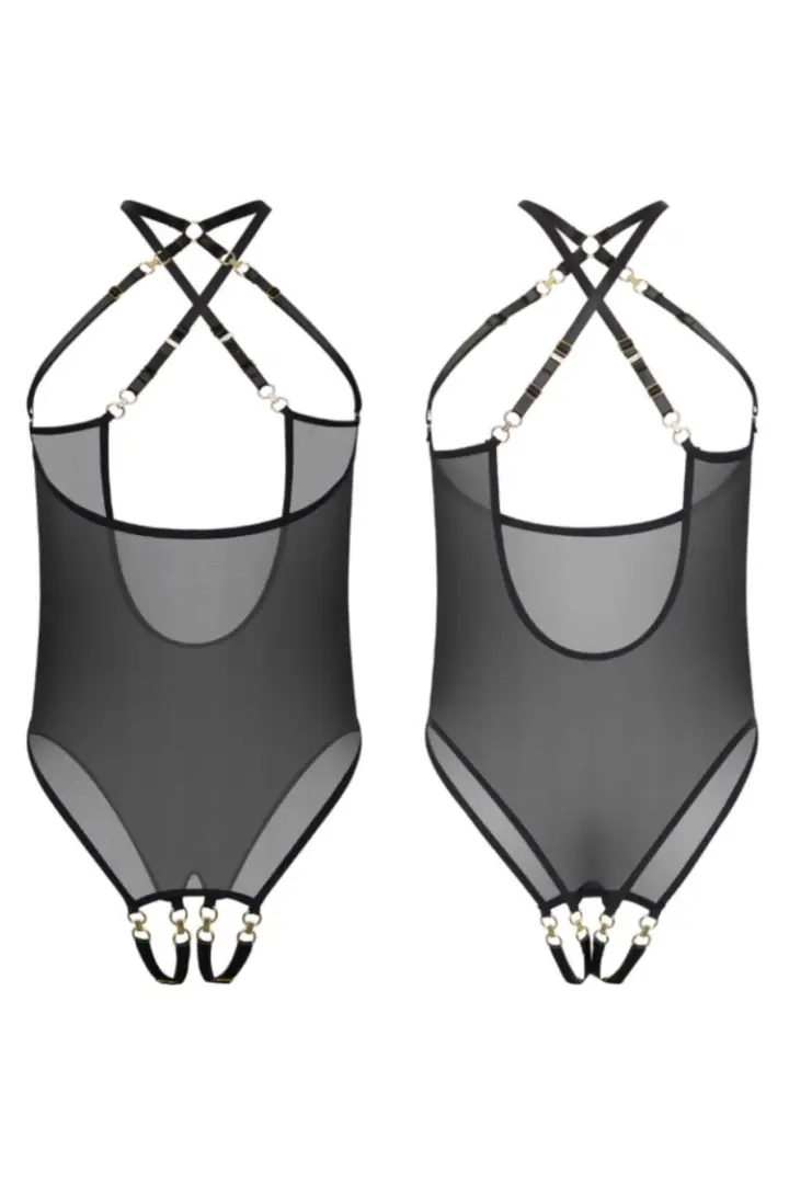 Body cupless e ouvert nero in mesh con harness dorato – foto 5
