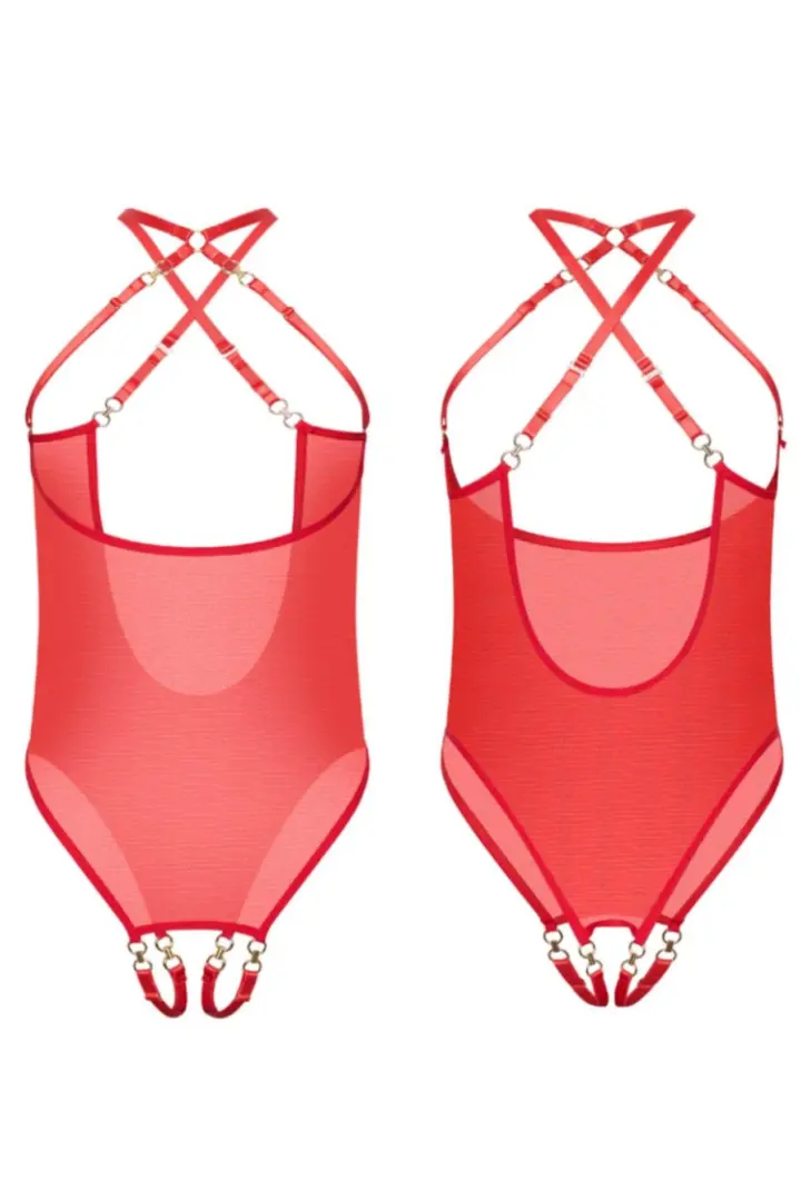 Body cupless e ouvert rosso in mesh con harness dorato – foto 5