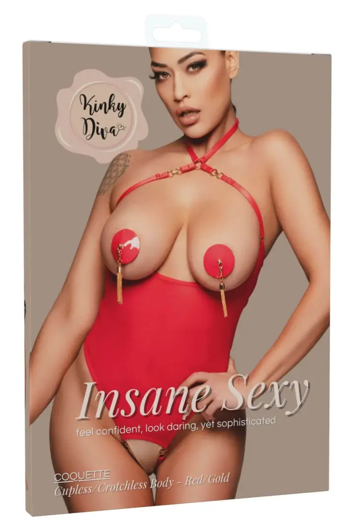 Body cupless e ouvert rosso in mesh con harness dorato – foto 4