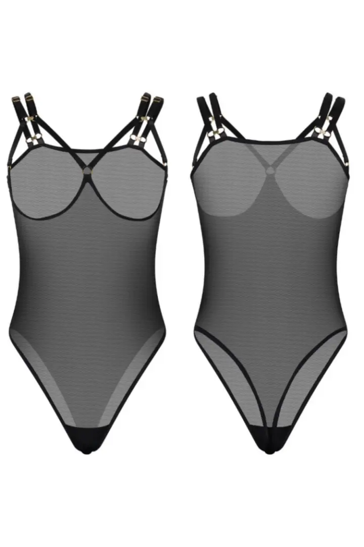 Body cupless nero in mesh con harness sulle spalle dorato – foto 6